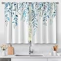 Aimego Spring Eucalyptus Kitchen Curtains - Blue Floral Watercolor Plant Leaves with Floral Botanical Tier Cafe Curtains for Bathroom Living RV Rod Pocket Window Drapes 36 Inch 2 Panels Set 28"x36"