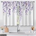 Aimego Spring Eucalyptus Kitchen Curtains - Purple Floral Watercolor Plant Leaves with Floral Botanical Tier Cafe Curtains for Bathroom Living RV Rod Pocket Window Drapes 36 Inch 2 Panels Set 28"x36"