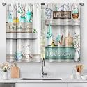 Aimego Teal Wood Kitchen Curtains - Rustic Wooden Country Farmhouse Small Short Cafe Tier Curtains Western Decor for Living Dining Room Rod Pocket Window Drapes 24 Inch Length 2 Panels 28"x24"