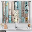Aimego Teal Wooden Kitchen Curtains - Country Floral Farm Rustic Vintage Wood Small Short Tier Curtains Retro Decor for Living Room Rod Pocket Window Drapes 36 Inch Length 2 Panels 28"x36"