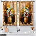 Aimego Vase Sunflower Retro Kitchen Curtains - Vintage Floral Art Rustic Spring Country Flowers Short Cafe Tier Curtains for Bathroom Rod Pocket Window Drapes 45 Inch Length 2 Panels 28"x45"
