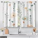 Aimego Watercolor Floral Kitchen Curtains - Sage Green Beige Spring Flower Tier Cafe Curtains Small Window Curtains for Bathroom Modern Window Drapes 2 Panels Set 28"x36"