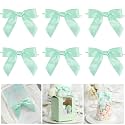 AIMUDI Twist Tie Bows for Treat Bags 3.5" Aqua Blue Satin Ribbon Bows for Crafts Premade Bows with Twist Ties for Crafts Cake Pop Candy Apple Small Bows for Gift Wrapping Wedding Decor, 50 PCs