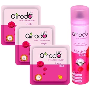 airodo air freshener magic rose pocket gel amp spray combo with dual technology long lasting instant automatic fragrance booster lasts up to 30 days pack of 4