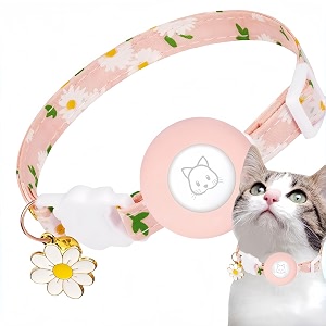 for airtag cat collar lightweight and comfortable bells amp flower charm collar breakaway with silicone for apple air tag holder smart id tag for cats and puppies pink
