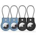 AirTag Keychain Holder - (4 Pack) Airtag Lock Case with Wire Cable Compatible with Apple AirTags,Ultra Durable Anti-Lost Protective Case with Keyring for Luggage, Key, Backpack, Bag Black/Light Blue