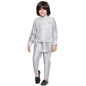 aj dezines kids ethnic wear cotton silk embroidered thread work grey kurta pajama set for boys with nehru waist coat jacket 526-grey-5