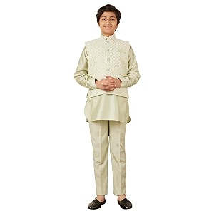 aj dezines kids ethnic wear cotton silk embroidered thread work green kurta pajama set for boys with nehru waist coat jacket 526-light-green-14