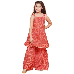 aj dezines kids ethnic wear cotton bandhani printed sleeveless a line kurta sharara set for girls