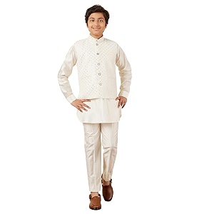 aj dezines kids ethnic wear cotton silk embroidered thread work white kurta pajama set for boys with nehru waist coat jacket 526-white-14