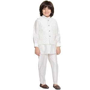 aj dezines kids ethnic wear cotton silk embroidered thread work white kurta pajama set for boys with nehru waist coat jacket 526-white-8