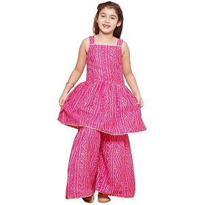 aj dezines kids ethnic wear cotton bandhani printed sleeveless a line kurta sharara set for girls