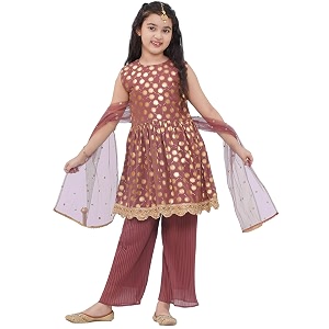 aj dezines kids ethnic wear motif foil printed frock style salwar suit set for girls with dupatta