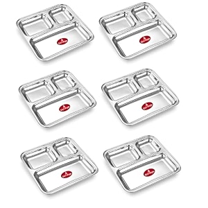ajay39s shoppe stainless steel 3 compartment square dinner plate set of 6  215  215 cm partition thali  divided meal plate for lunch dinner amp snacks  mirror finish