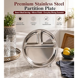 ajay39s shoppe stainless steel 3 compartment dinner plate set of 4  272 cm 11 inch partition thali  divided meal plate for lunch dinner amp snacks  mirror finish
