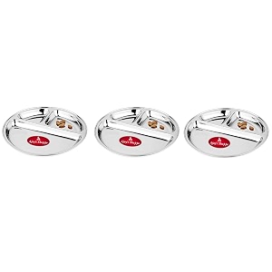ajay39s shoppe 3 section stainless steel partition thali set of 3  272 cm 11 inch divided dinner plates  multipurpose steel meal plates for home canteen amp restaurant  mirror finish