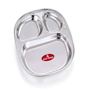 ajay39s shoppe stainless steel 3 section square plate  215 x 215 cm partition dinner tray  rust proof food grade steel  mirror finish design