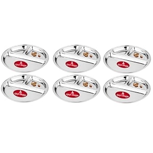 ajay39s shoppe stainless steel 3 compartment dinner plate set of 6  272 cm round partition thali  reusable section plate for lunch dinner snacks amp everyday meals