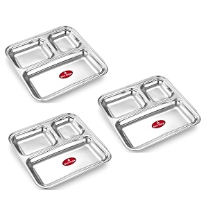 ajay39s shoppe stainless steel square partition dinner plate set of 3  215 cm 3 section thali plate  heavy duty food grade steel  mirror finish rust resistant meal tray