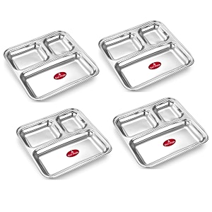 ajay39s shoppe stainless steel square partition plates  set of 4  multi-compartment thali for mess-free amp organized dining