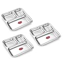 Ajay's Shoppe Stainless Steel Square Partition Dinner Plate Set of 3 | 21.5 cm 3 Section Thali Plate | Heavy Duty Food Grade Steel | Mirror Finish Rust Resistant Meal Tray