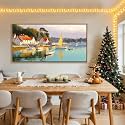 AJAZIKO Coastal Wall Art - Rustic Ocean &amp; boat Canvas Art for Living Room &amp; Bedroom Decor - Framed Landscape Artwork for Walls - Italian Farmhouse &amp; Country Wall Decor Print Pictures29x58IN
