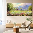 AJAZIKO Rustic Mountain Wall Art - Farmhouse Landscape Wall Decor with Highland Cow &amp; Floral Art - Nature &amp; Country Artwork for Living Room, Bedroom &amp; Walls - Framed Flower Pictures for Home 29x58IN