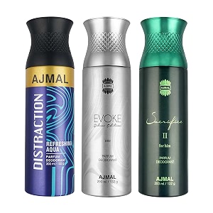 ajmal 1 distraction for men amp women 1 ajmal evoke silver edition for him and 1 sacrifice ii for him for men deodorants each 200ml combo pack of 3 dist_esh_sacii_deo