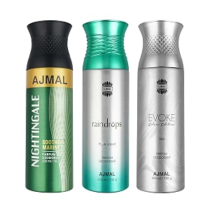 ajmal 1 nightingale for men amp women 1 raindrops femme for women and 1 evoke silver edition for him for men deodorants each 200ml combo pack of 3 total 600ml