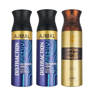 ajmal 2 distraction for men amp women and 1 wisal dhahab for men deodorants each 200ml combo pack of 3 total 600ml