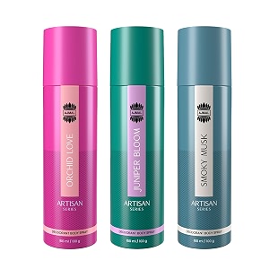 ajmal artisan orchid love artisan juniper bloom and artisan smoky musk deodorant perfume 150ml each - unisex pack of 3 8904415824539
