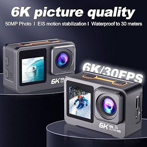 6k action camera with 50mp photos eis stabilization dual touch screens wifi remote control and 30m waterproof case compatible with android ios helmets bikes motorcycles and tripods