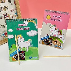 ak store 2-pack unicorn cartoon printed scratch paper note diy art book with wooden stylus scratching tool for kids girls boys birthday gifts random colors