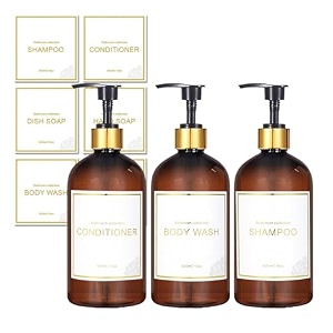 akalin 16oz shampoo and conditioner dispenser set of 3 shampoo bottles refillable with pump 3 shampoo and conditioner bottles shower bottles refillable with 6 waterproof labels brown