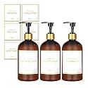 Akalin 16oz Shampoo and Conditioner Dispenser, Set of 3 Shampoo Bottles Refillable with Pump, 3 Shampoo and Conditioner Bottles, Shower Bottles Refillable with 6 Waterproof Labels (Brown)