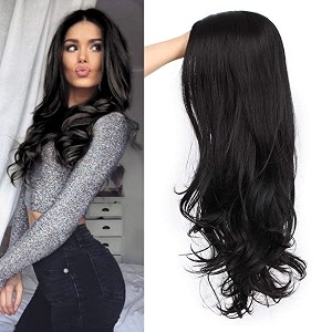akashkrishna 26 inch curly wavy synthetic hair wig for women  natural black full head wig  heat resistant fiber with middle parting  fashion cosplay amp hair loss wig  wig cap amp comb
