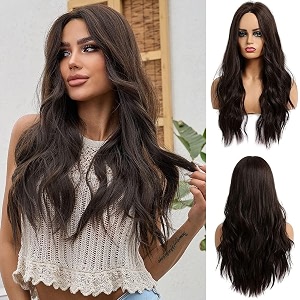 akashkrishna hair wig for women long curly hair wigs for girls synthetic hair wigs wavy hair wig with dark roots middle parting wig  with comb amp wigcap dark brown