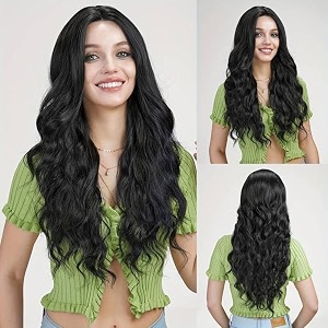 akashkrishna stylish hair wig women light weight comfortable full head hair wigs for cosplay women synthetic hair wig long wavy natural black wig comb wig cap