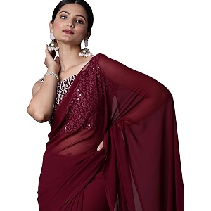akhilam women39s solid embellished georgette saree with unstitched blouse piece