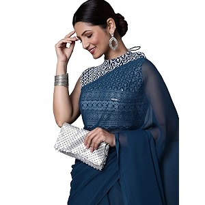 akhilam women39s solid embellished georgette saree with unstitched blouse piece