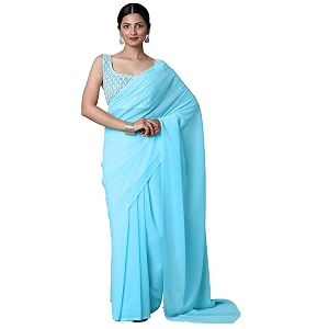 akhilam women39s solid embellished georgette saree with unstitched blouse piece