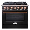 Akicon 36" Slide-in Freestanding Professional Style Gas Range with 5.2 Cu. Ft. Oven, 6 Burners, Convection Fan, Cast Iron Grates, &amp; Blue Porcelain Oven Interior, In Black with Copper