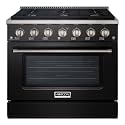 Akicon 36" Slide-in Freestanding Professional Style Gas Range with 5.2 Cu. Ft. Oven, 6 Burners, Convection Fan, Cast Iron Grates, & Blue Porcelain Oven Interior, In Black with Stainless Steel