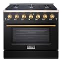 Akicon 36" Slide-in Freestanding Professional Style Gas Range with 5.2 Cu. Ft. Oven, 6 Burners, Convection Fan, Cast Iron Grates, & Blue Porcelain Oven Interior, In Black with Gold