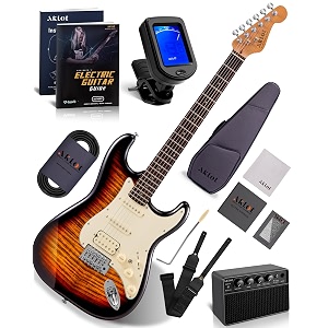 aklot beginner electric guitar kit 10w amp coil-split hss pickups lesson book roasted maple neck gig bag tuner strap picks stryde inferno burst