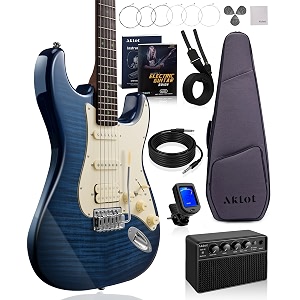 aklot beginner electric guitar kit 10w amp coil-split hss pickups lesson book roasted maple neck gig bag tuner strap picks stryde storm blue