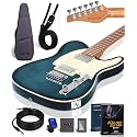 AKLOT Modern TL Electric Guitar: Saddle String-Through Bridge, Locking Tuners, HH Pickup, Coil Split, Rounded End Frets, Roasted Maple Neck &amp; Flame Maple Top, Beginner Guitars Kit with Gig Bag, Blue