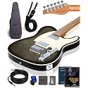 AKLOT Modern TL Electric Guitar: Saddle String-Through Bridge, Locking Tuners, HH Pickup, Coil Split, Rounded End Frets, Roasted Maple Neck &amp; Flame Maple Top, Beginner Guitars Kit with Gig Bag, Black