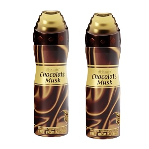 al-nuaim chocolate musk alcohol free deodorant  body spray  long lasting perfumed spray for unisex  pack of 2 x 200ml