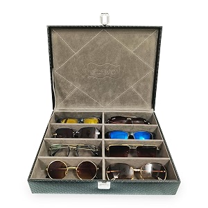 alawo sunglasses storage box 8-slot display case organiser pu leather black with grey interior